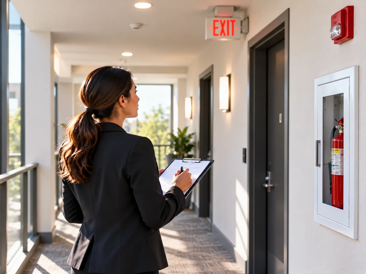 Property manager conducting an apartment building fire safety walkthrough