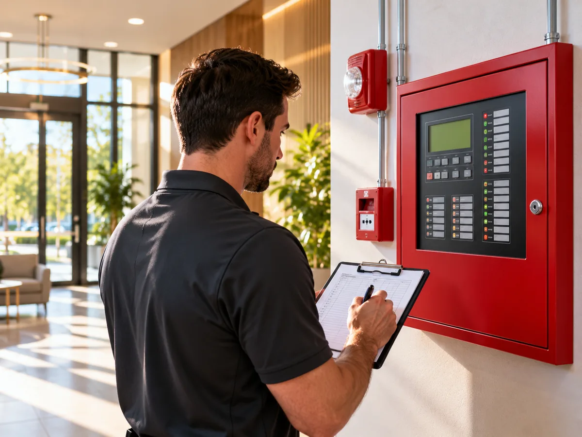 Building staff reviewing a fire alarm control panel