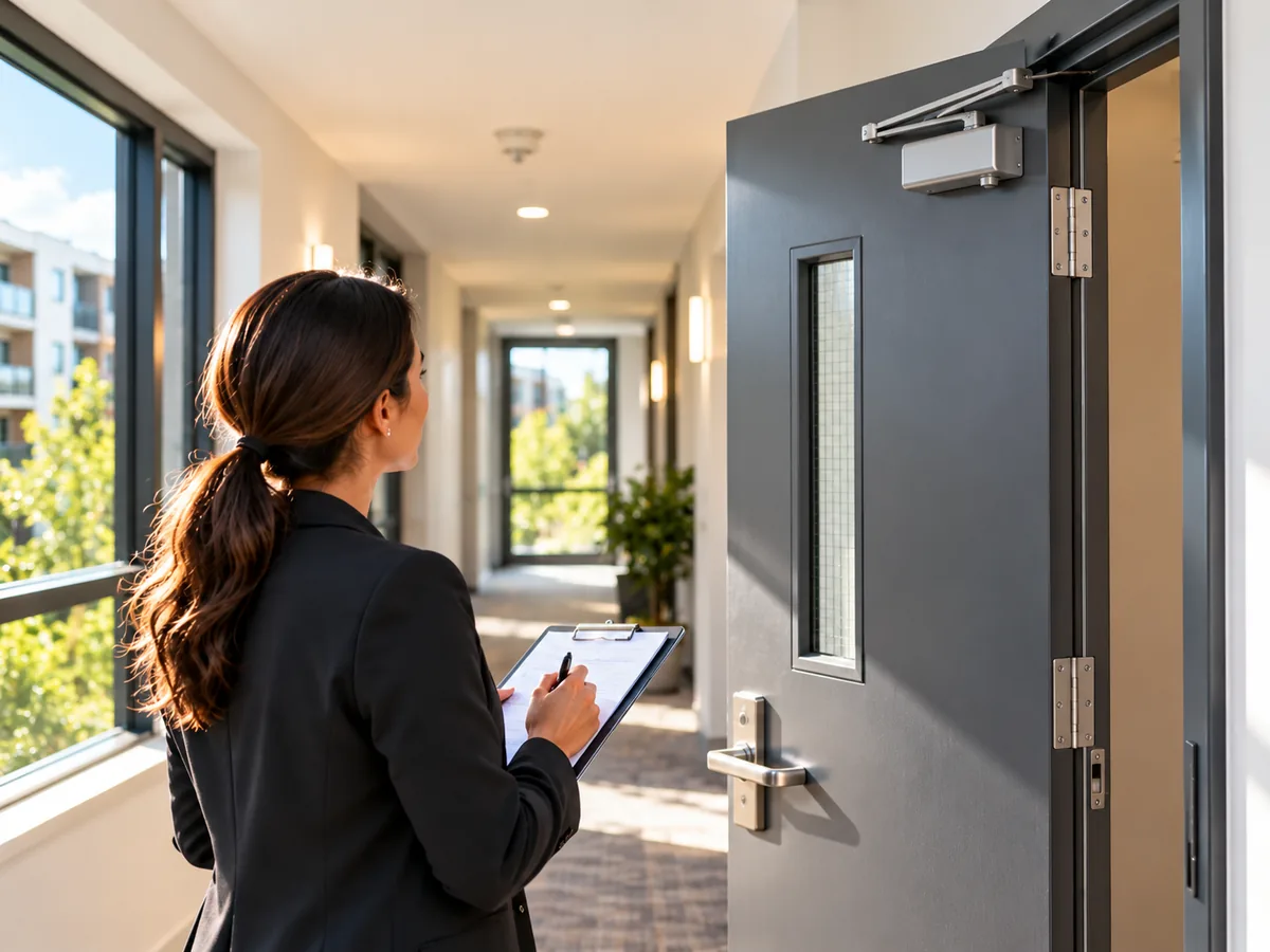 Property manager visually inspecting an apartment fire door
