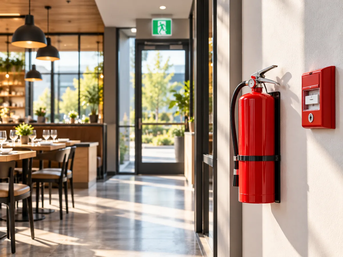 Portable fire extinguisher and manual fire alarm station in restaurant
