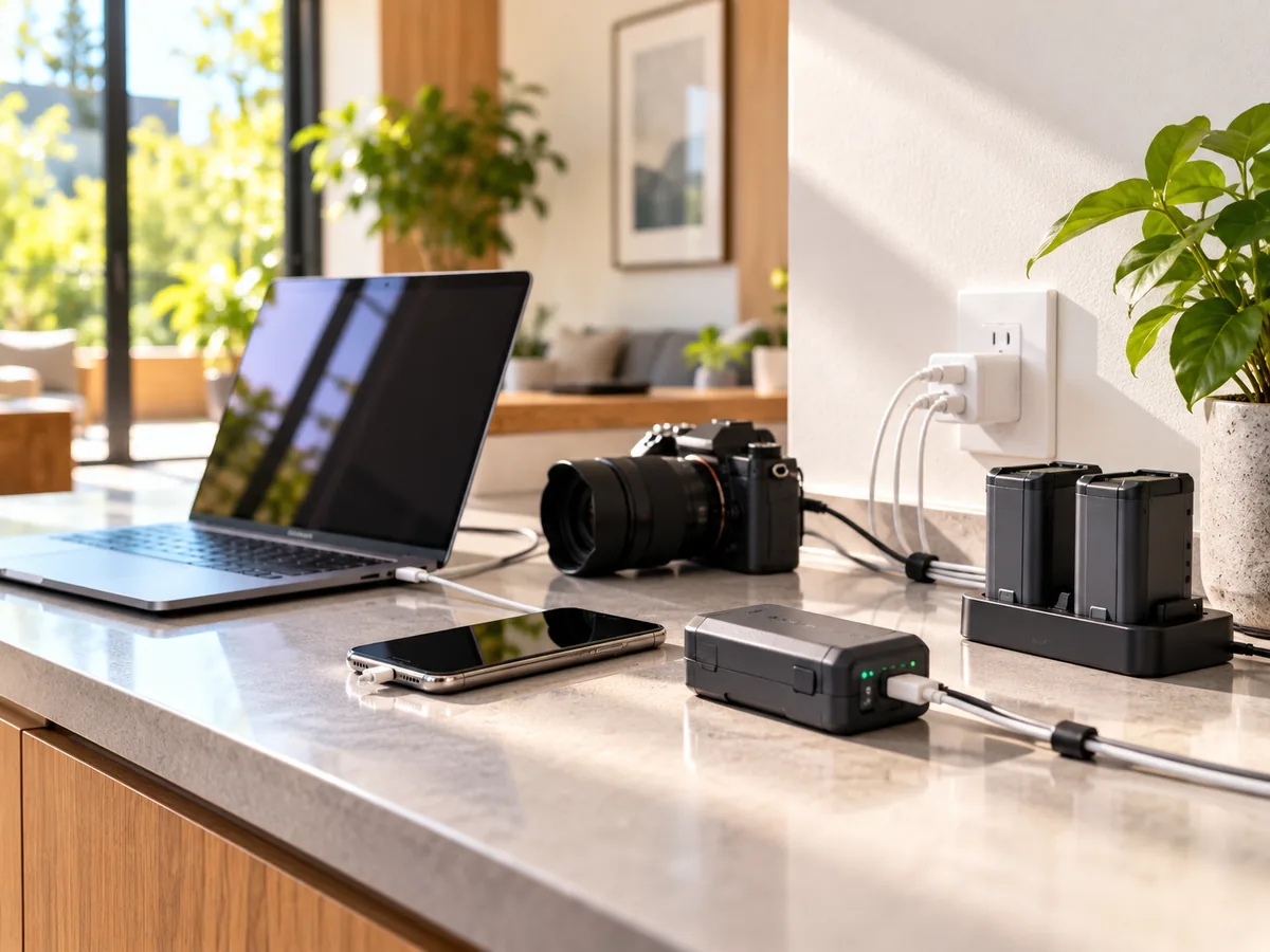 Lithium ion devices charging on a clean countertop