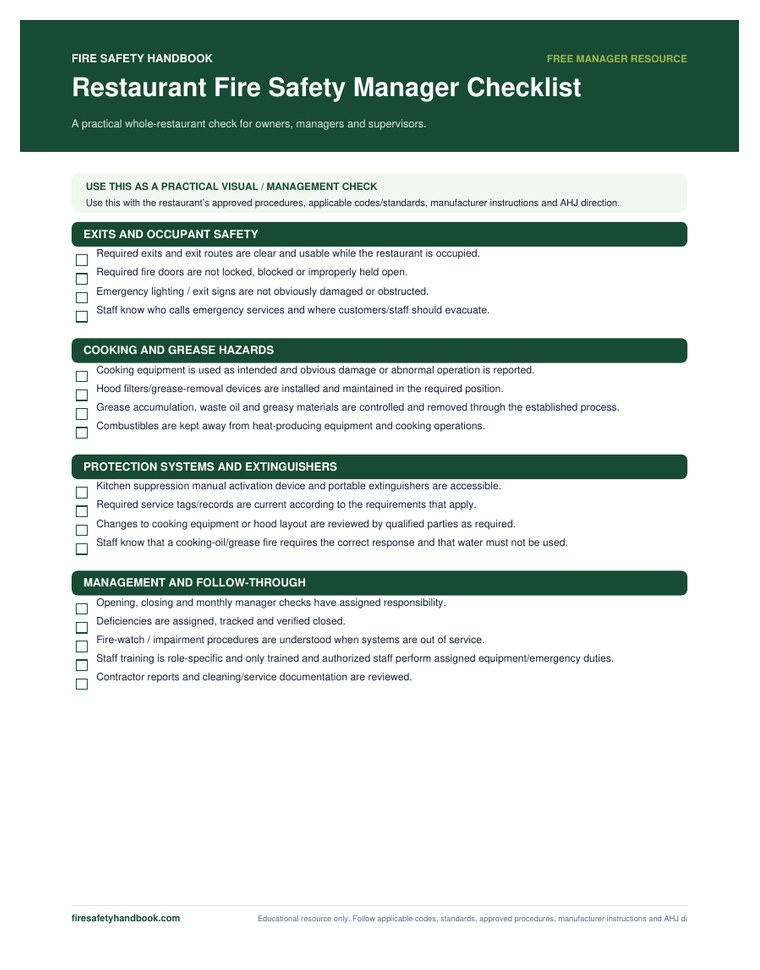 Restaurant manager fire safety checklist preview