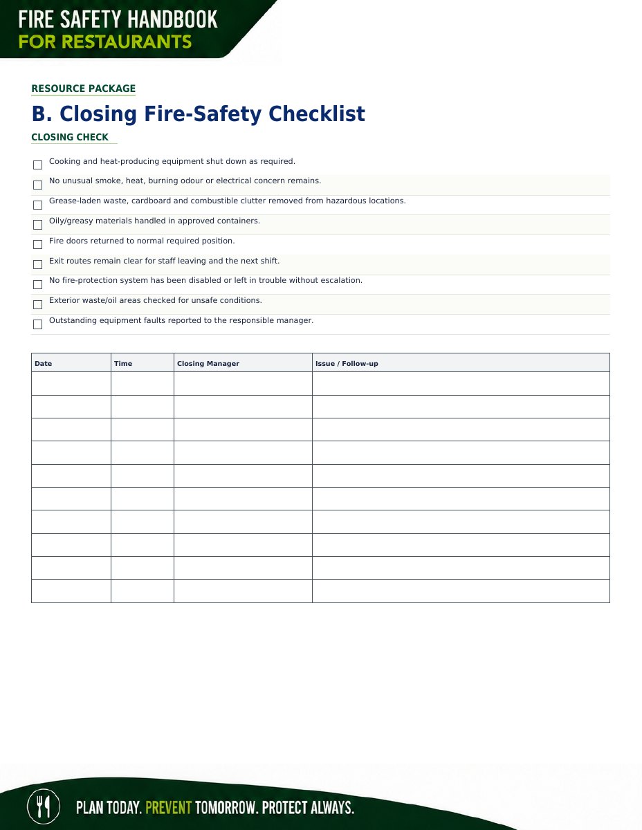 Restaurant opening and closing fire safety checklist preview